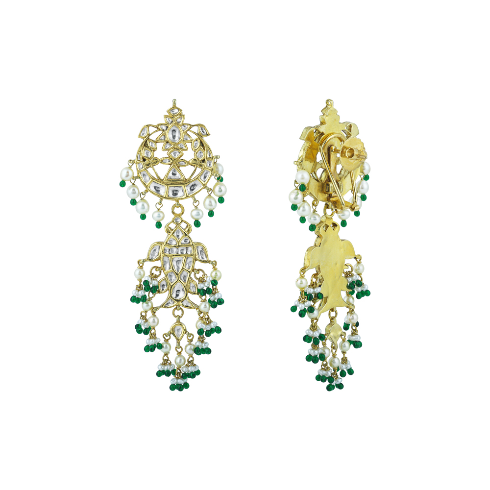 Polki Chandelier Earrings with Green Beads and Pearl Cascades